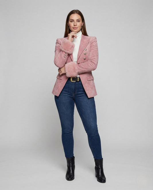 Damen Samt Blazer mit Kunstfell Manschetten - Eveloria