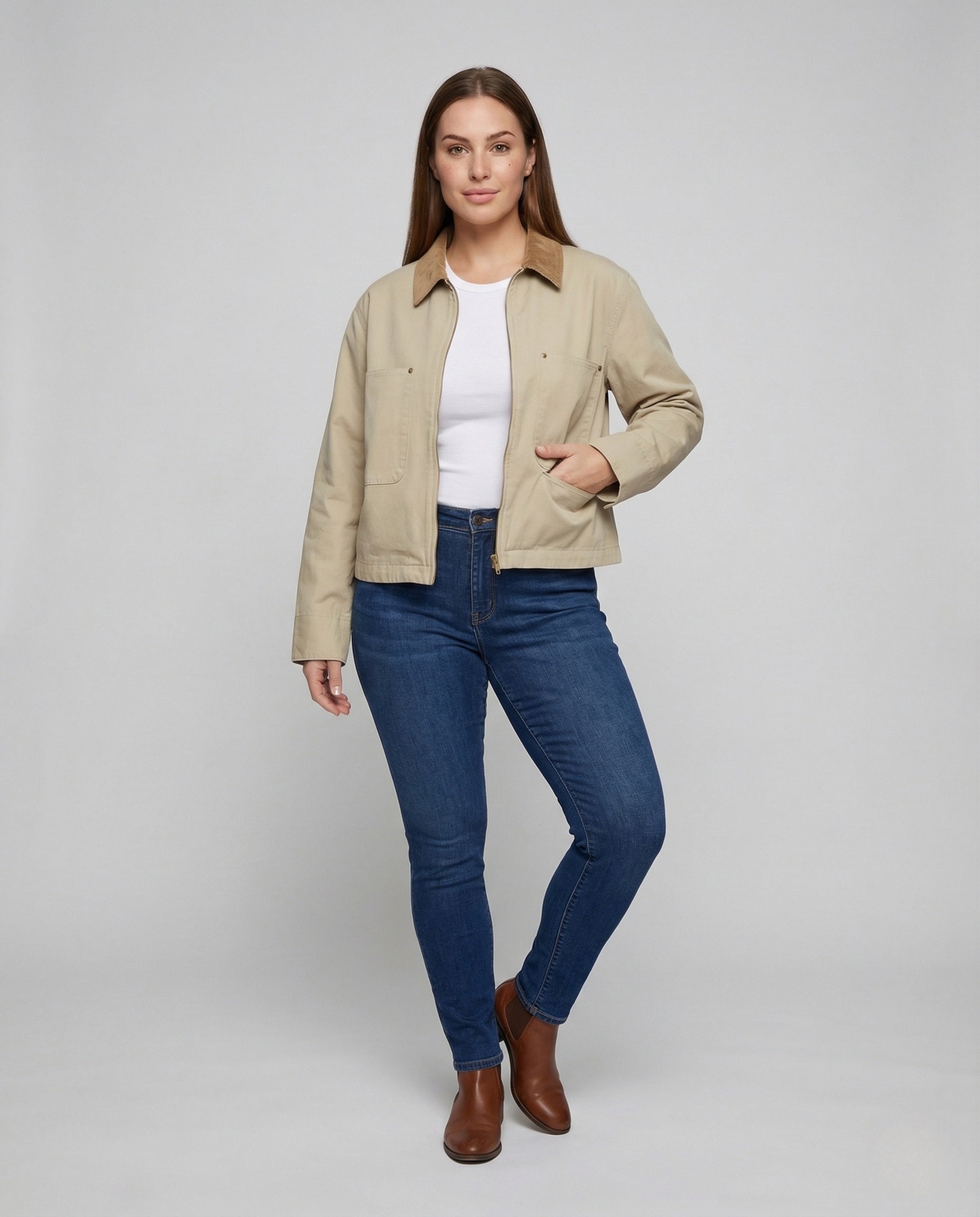 Damen Workerjacke Canvas Cordkragen Beige - Eveloria