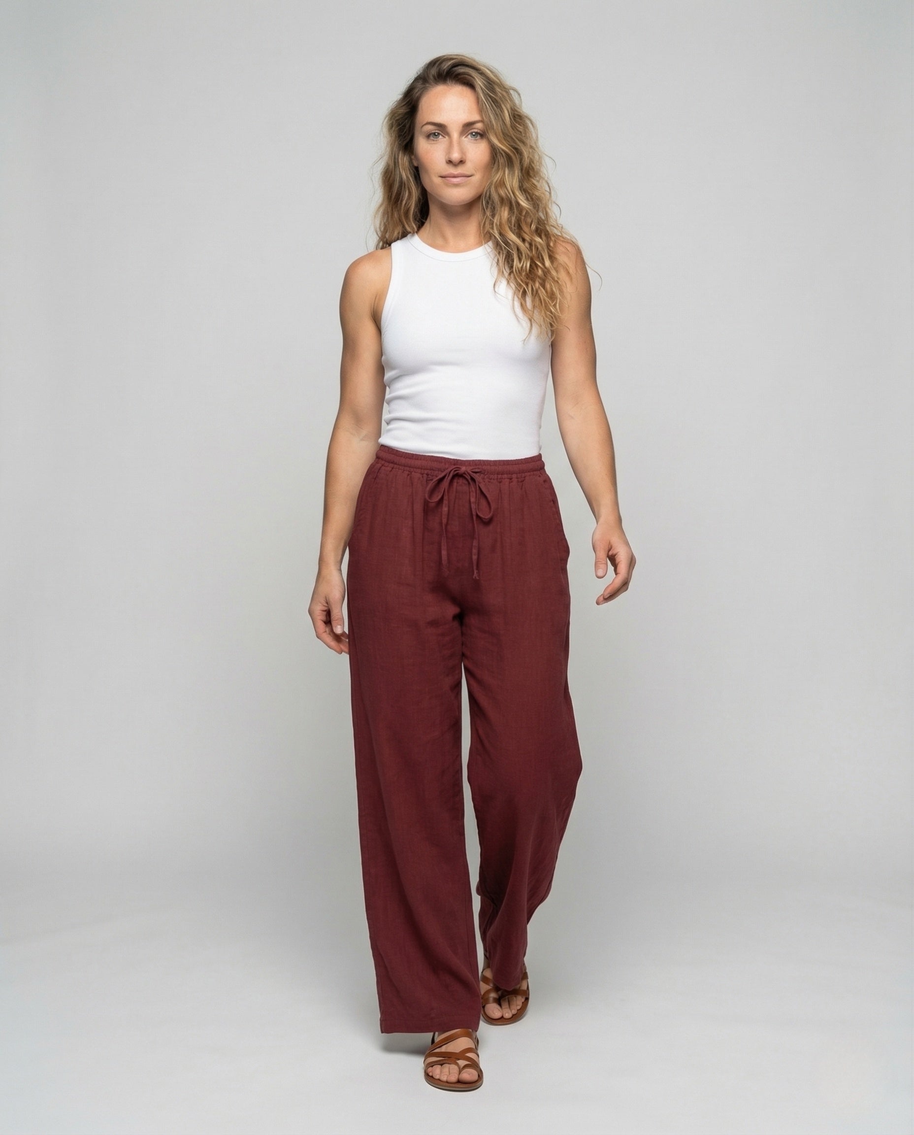 Damen Leinenhose mit Kordelzug Beige - Eveloria