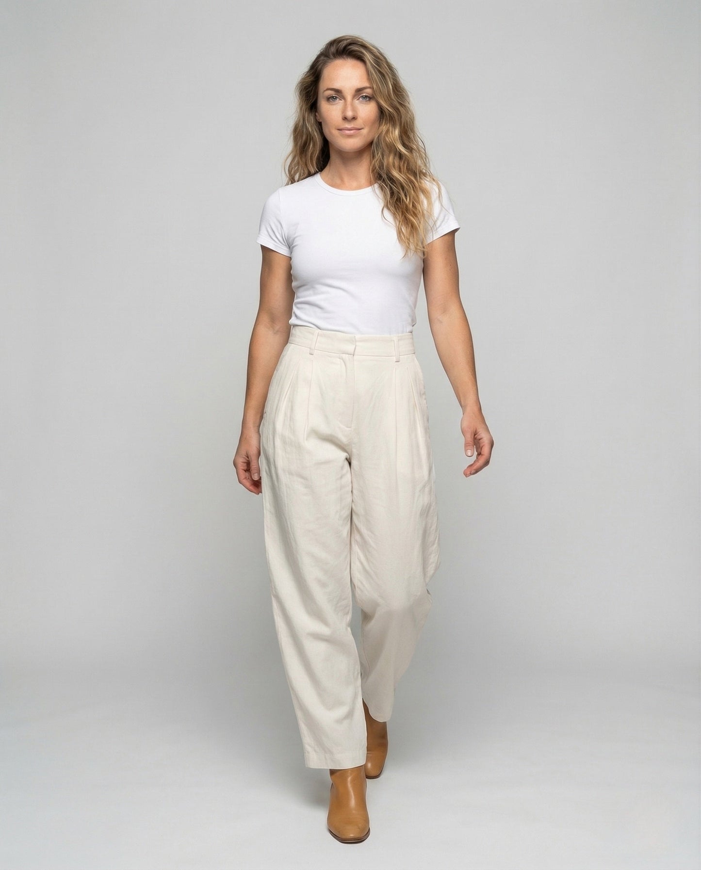 Damen Leinen Set Pullover Bundfaltenhose Leinen Beige - Eveloria