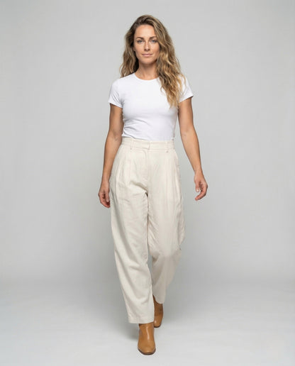 Damen Leinen Set Pullover Bundfaltenhose Leinen Beige - Eveloria