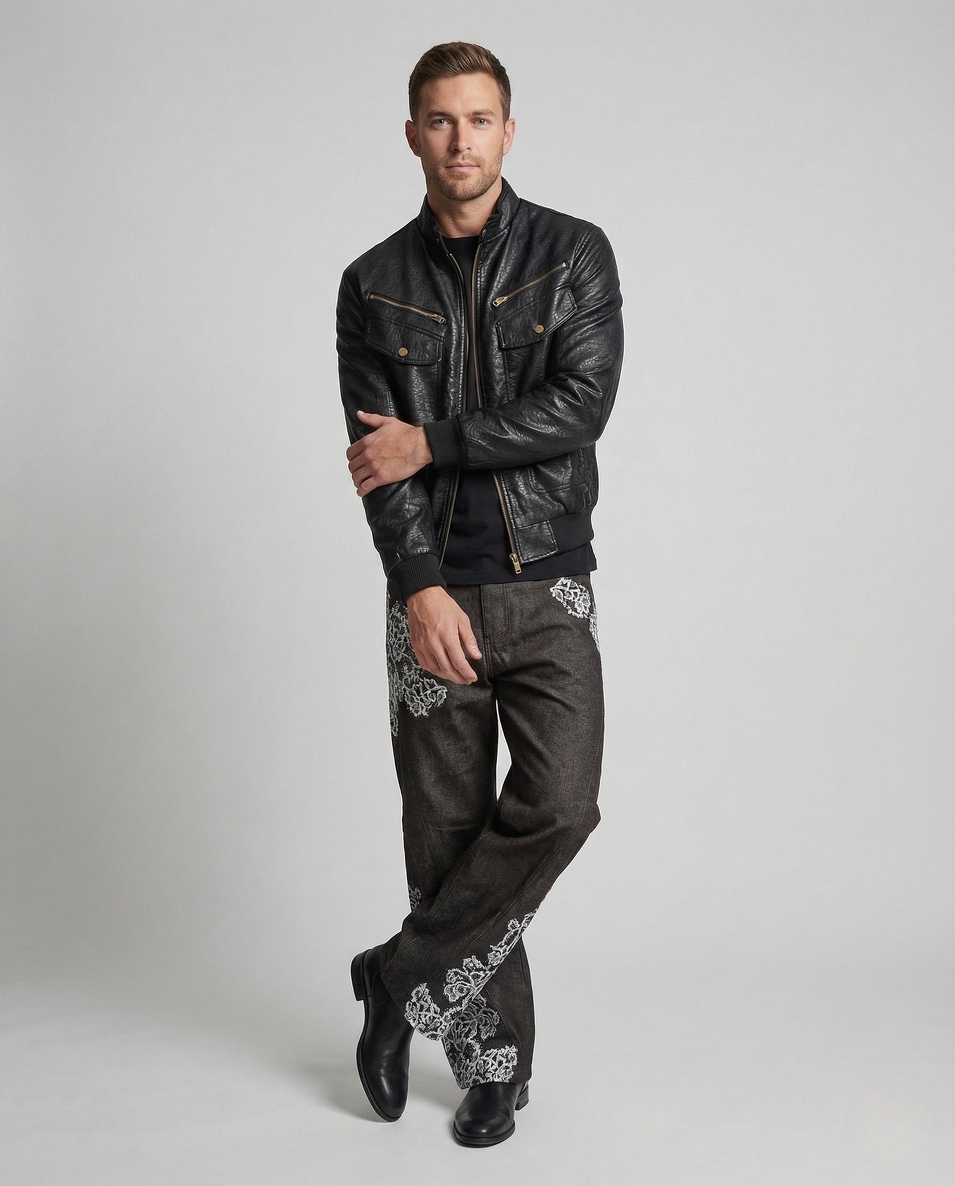 Herren Lederjacke Biker Blouson Schwarz Stehkragen - Eveloria