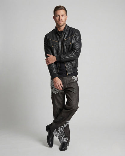 Herren Lederjacke Biker Blouson Schwarz Stehkragen - Eveloria