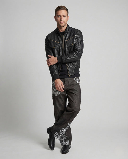 Herren Lederjacke Biker Blouson Schwarz Stehkragen - Eveloria