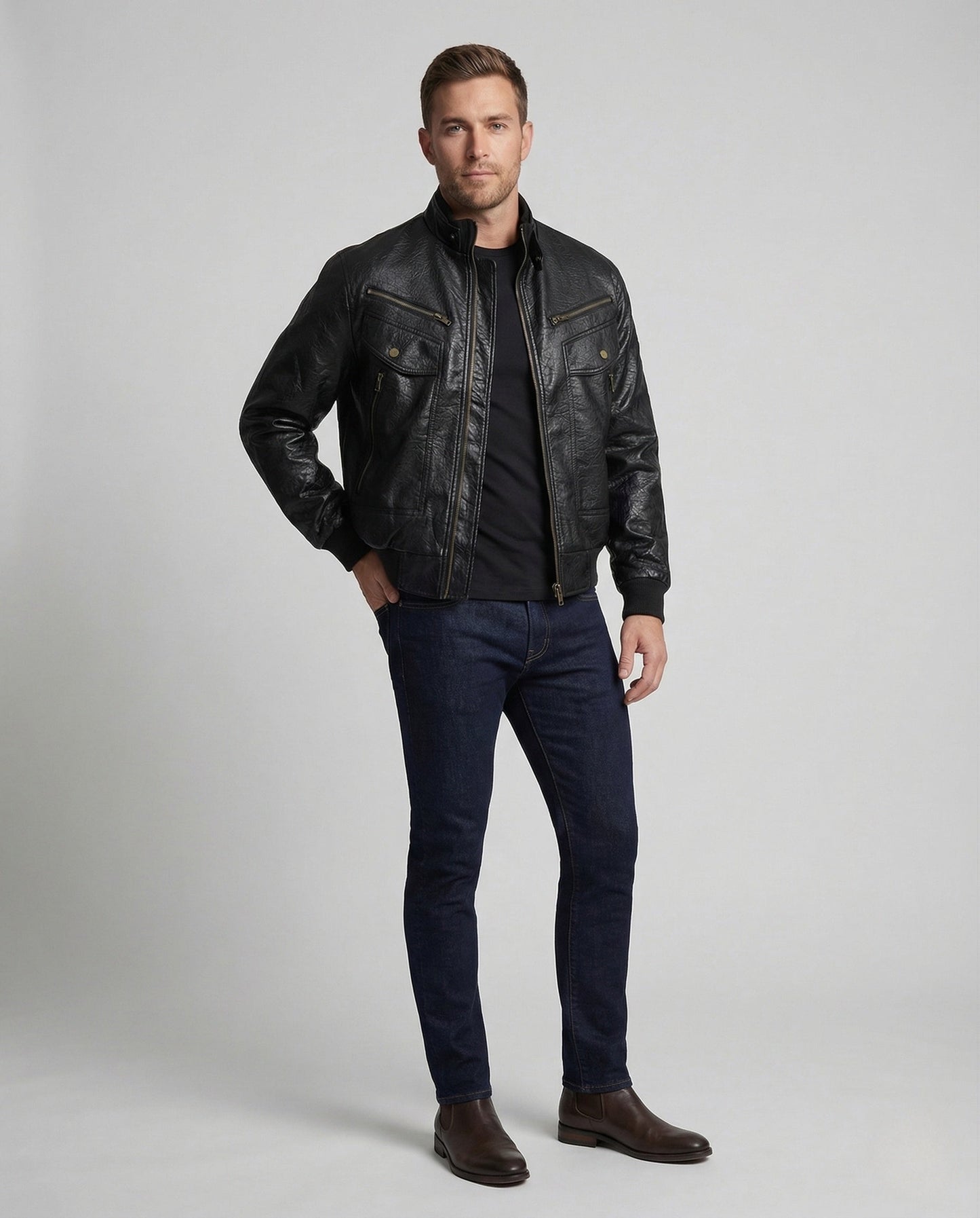 Herren Lederjacke Pilotenstil Stehkragen Kunstleder - Eveloria