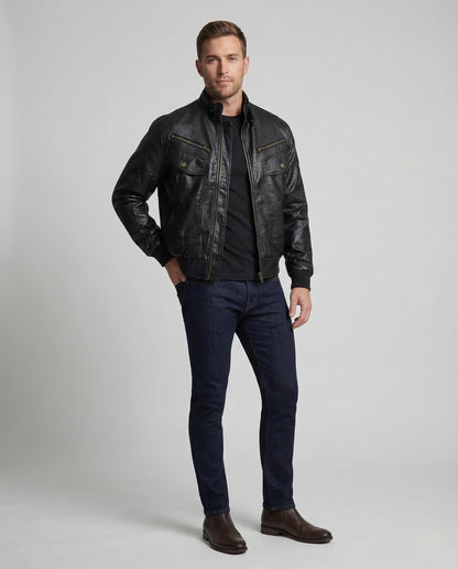 Herren Lederjacke Pilotenstil Stehkragen Kunstleder - Eveloria