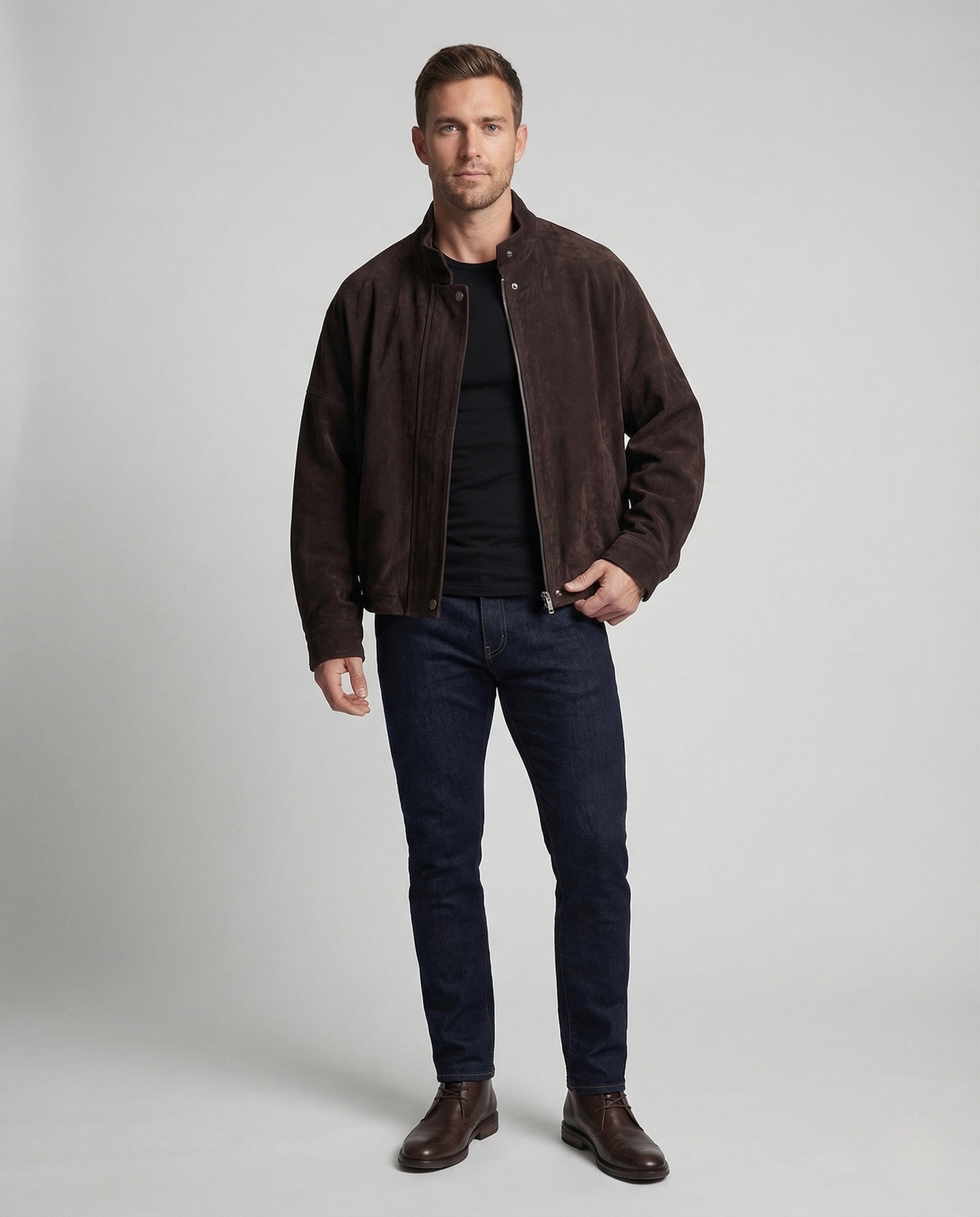 Herren Wildlederjacke Stehkragen Leder Schwarz - Eveloria