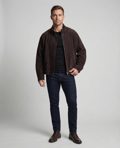 Herren Wildlederjacke Stehkragen Leder Schwarz - Eveloria