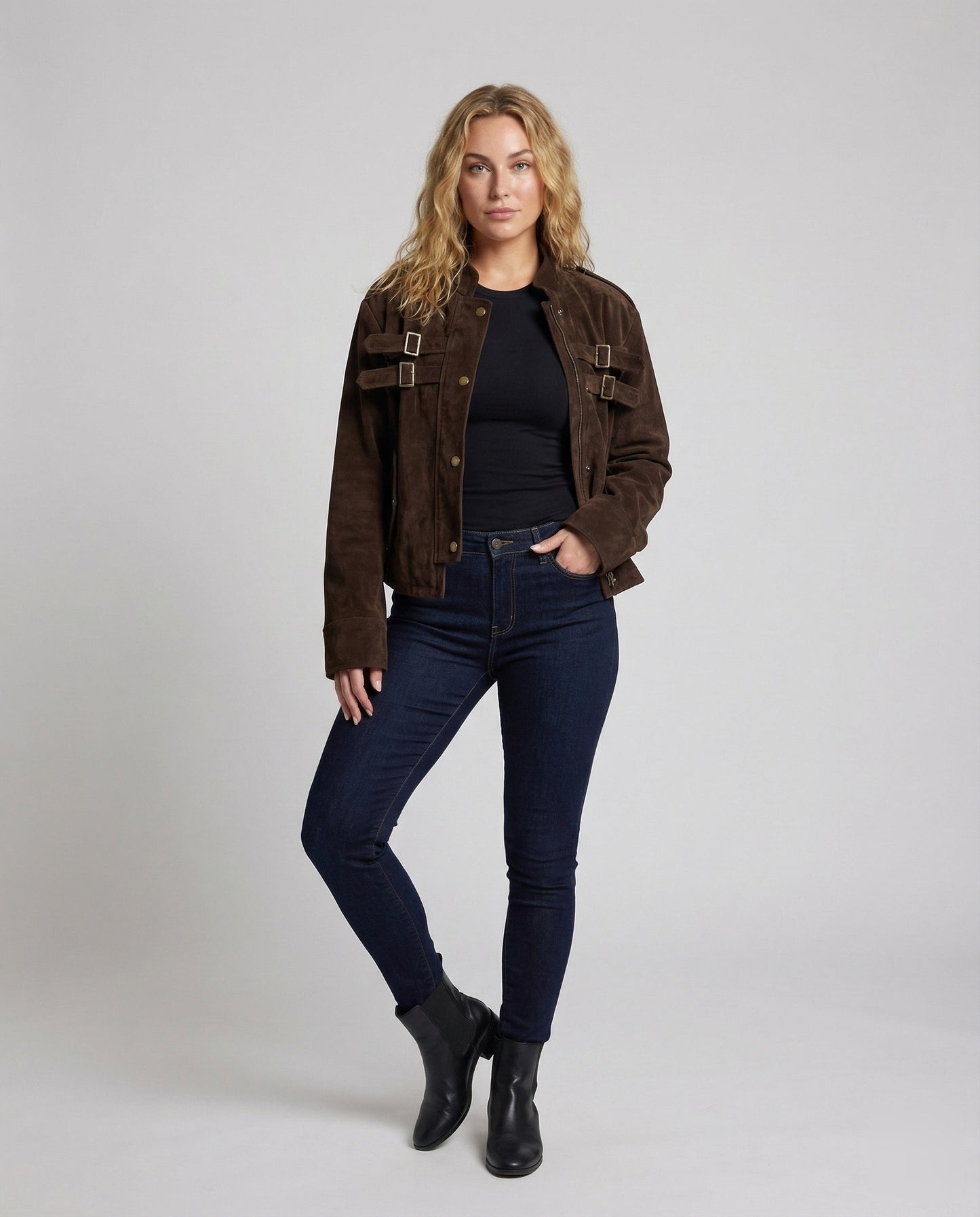 Damen Wildlederjacke Kurz Schnallen - Eveloria