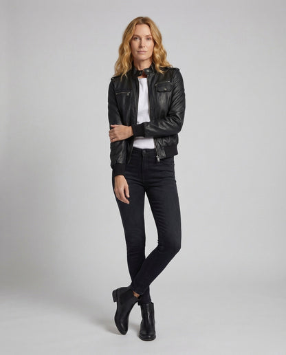 Damen Lederjacke Tailliert Mit Rippbündchen Schwarz - Eveloria