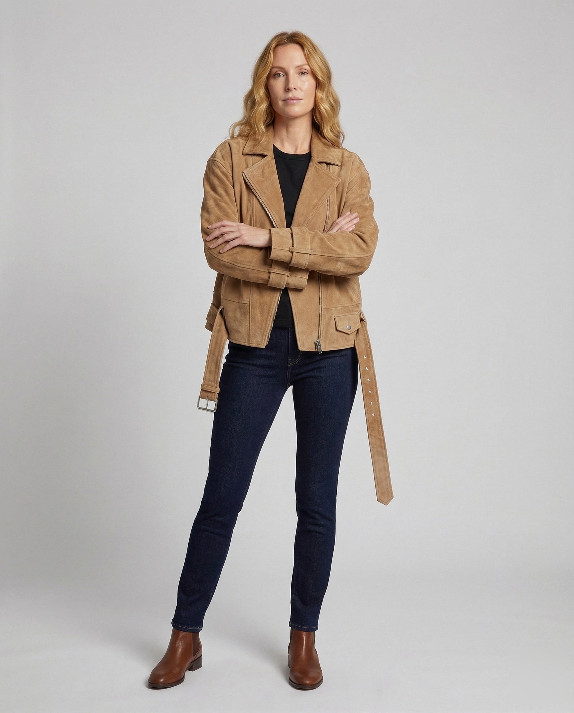 Damen Bikerjacke Veloursleder Mit Gürtel - Eveloria