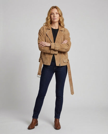 Damen Bikerjacke Veloursleder Mit Gürtel - Eveloria