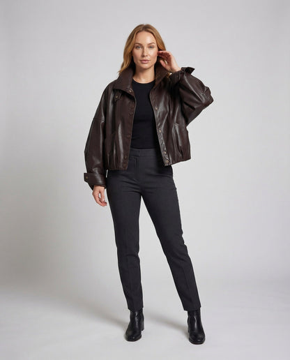 Damen Lederbomberjacke Stehkragen Schwarz - Eveloria