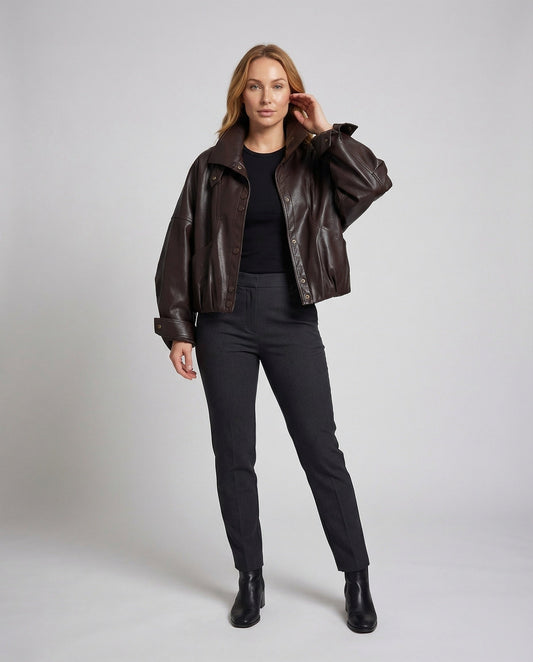Damen Lederbomberjacke Stehkragen Schwarz - Eveloria