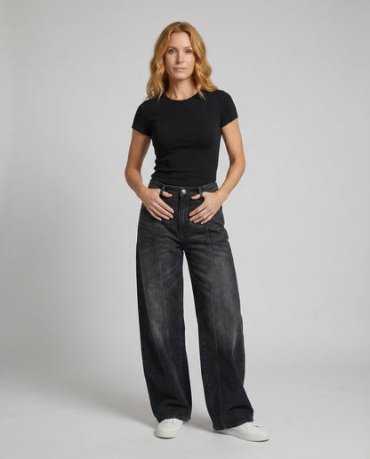 Damen Highwaist Jeans Weite Bein Schwarz - Eveloria