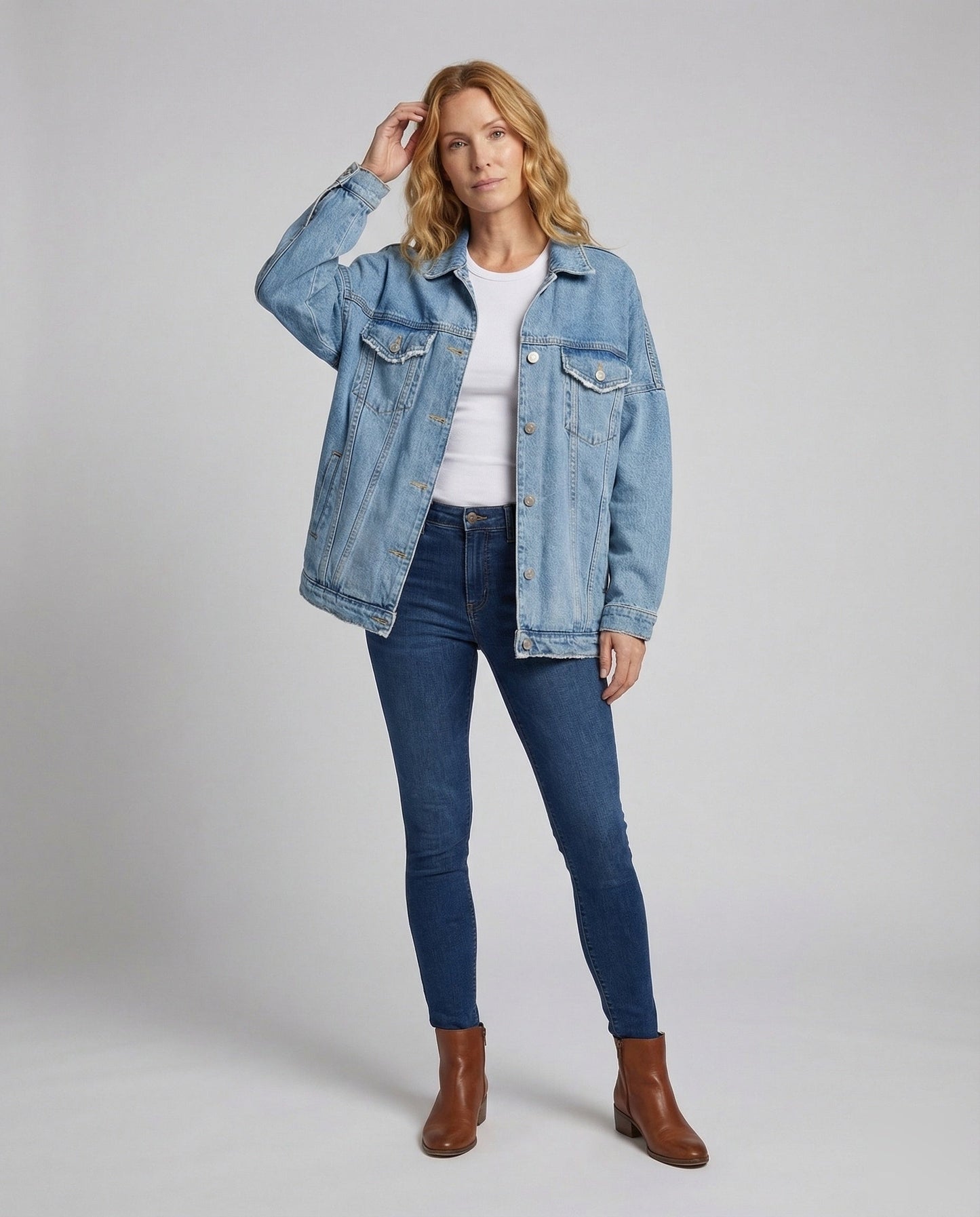 Damen Oversize Jeansjacke Metallknöpfe - Eveloria