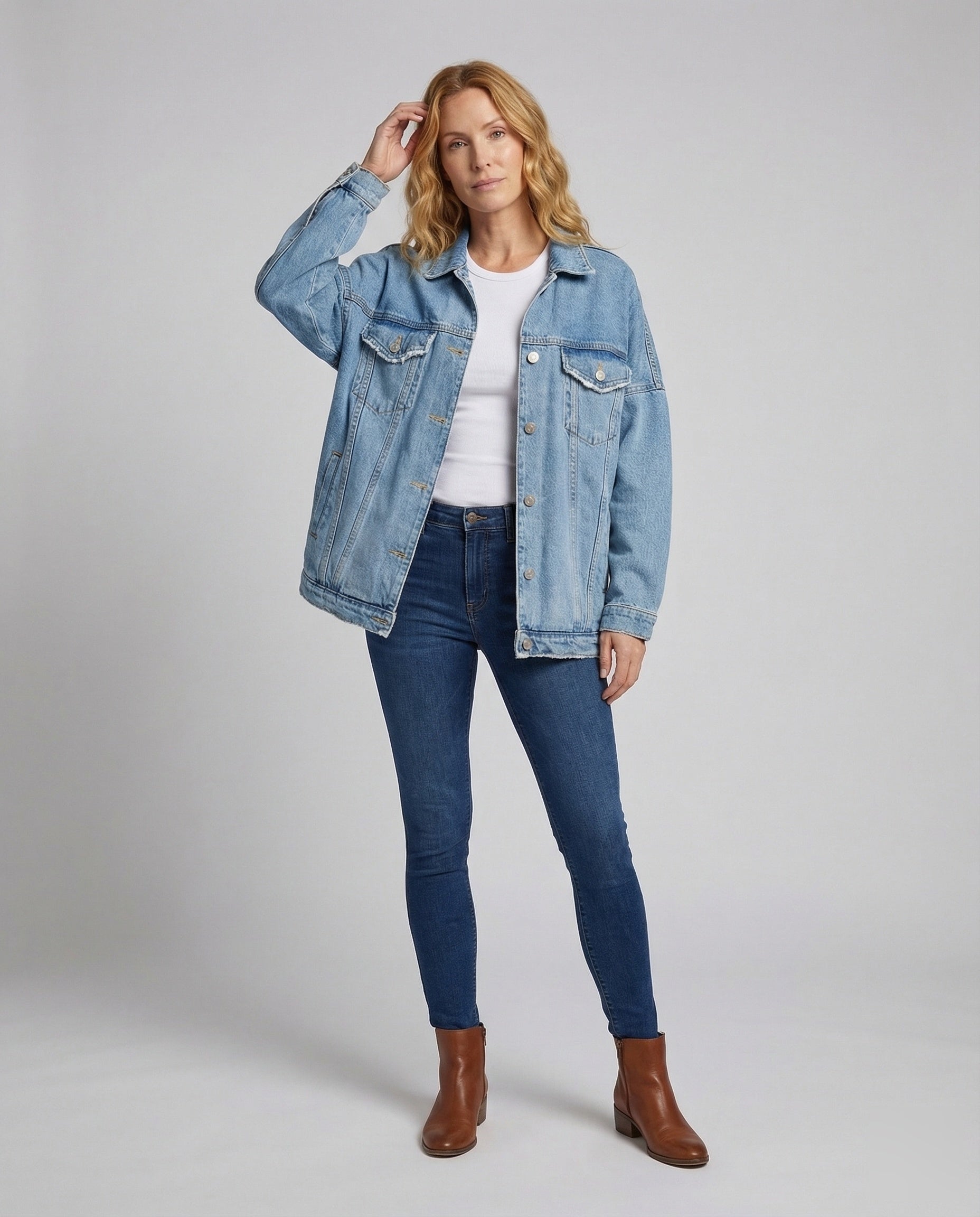 Damen Oversize Jeansjacke Metallknöpfe - Eveloria
