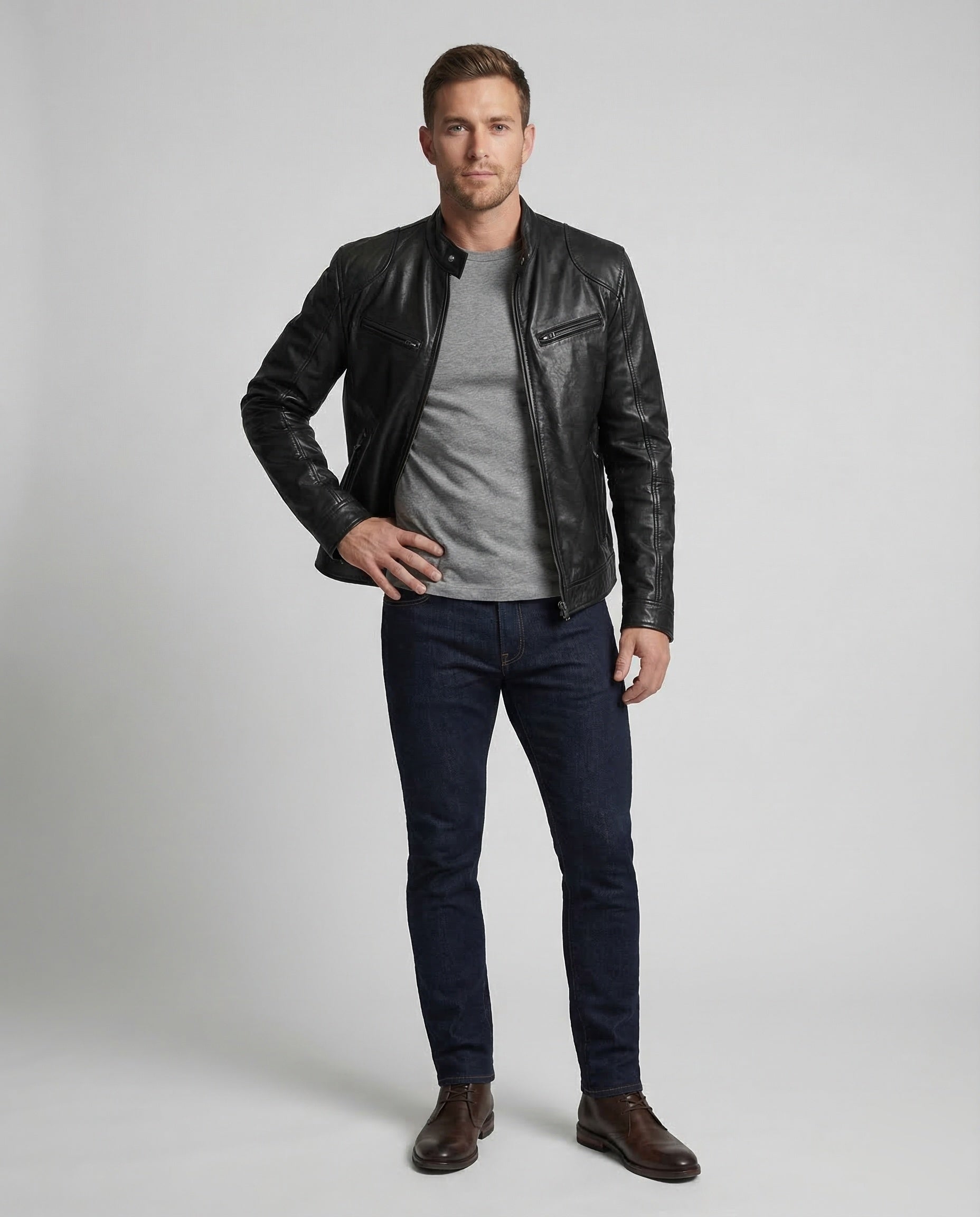 Herren Lederjacke Nappa Bikerstil - Eveloria