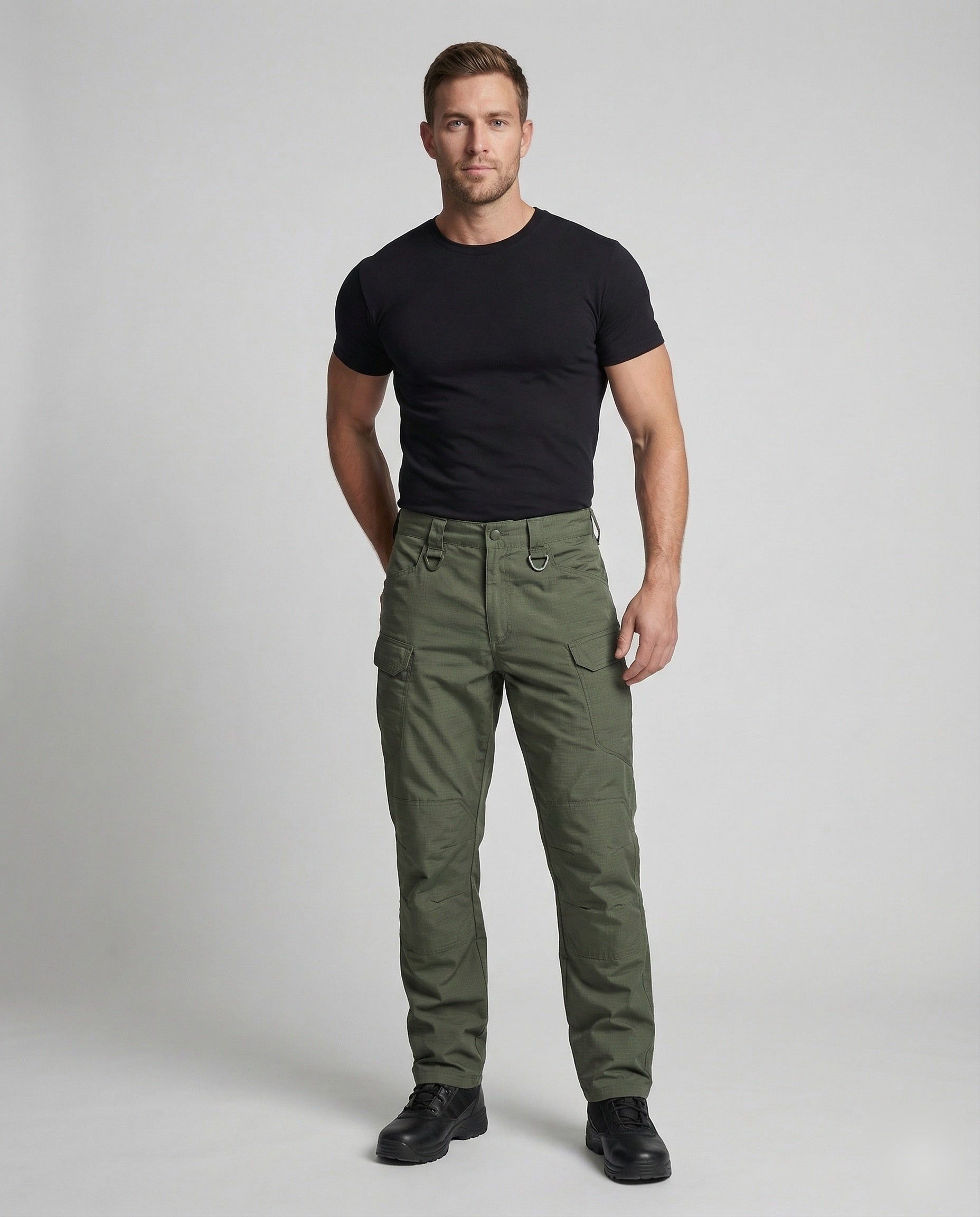 Herren Cargo-Hose Baumwolle Bequem Olivgrün - Eveloria