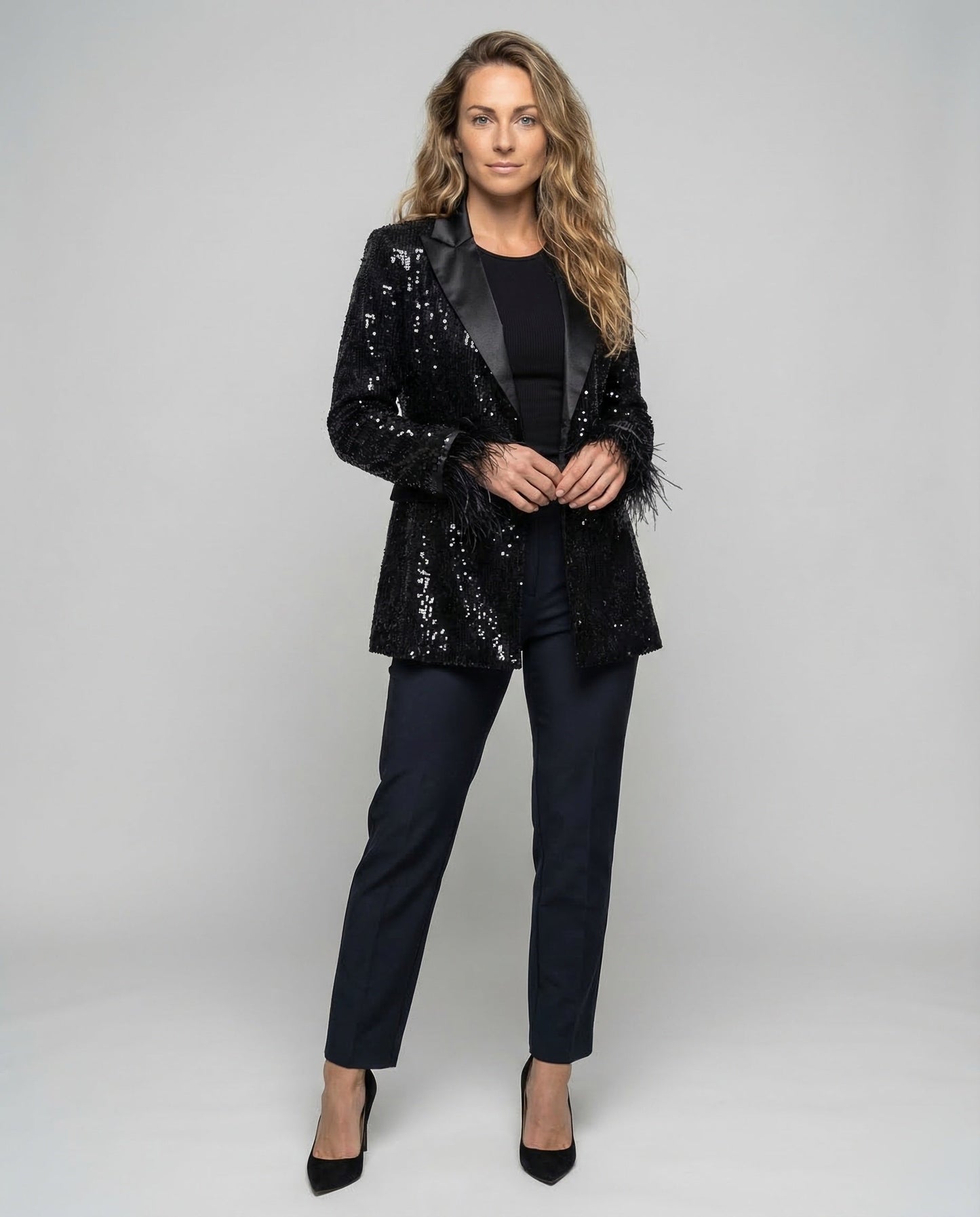 Damen Doppelreihen Blazer mit Pailletten - Eveloria