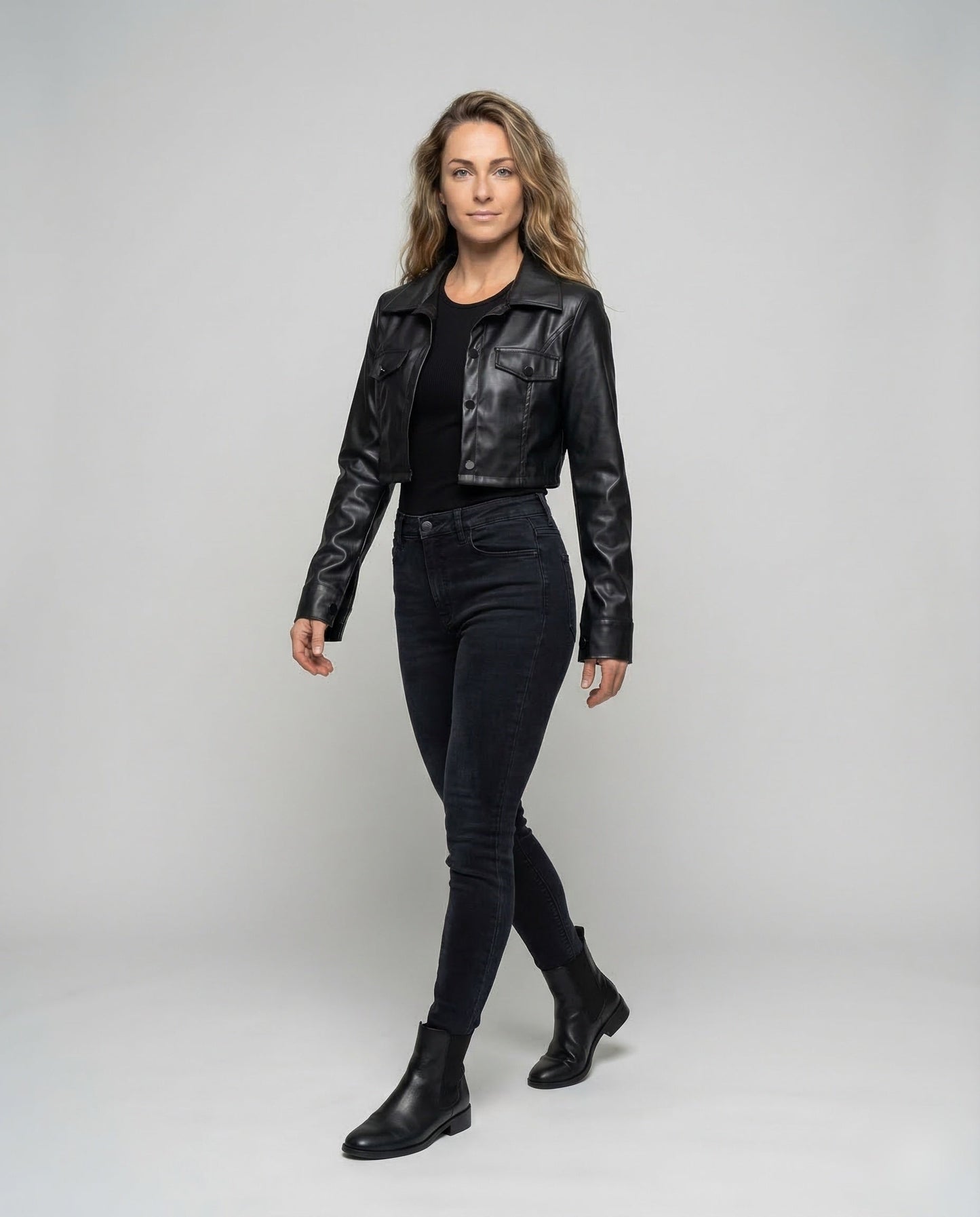 Damen Kurzlederjacke Hemdstil Leder Schwarz - Eveloria