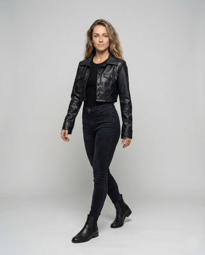 Damen Kurzlederjacke Hemdstil Leder Schwarz - Eveloria