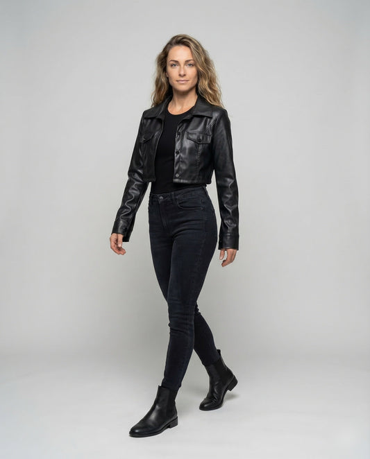 Damen Kurzlederjacke Hemdstil Leder Schwarz - Eveloria