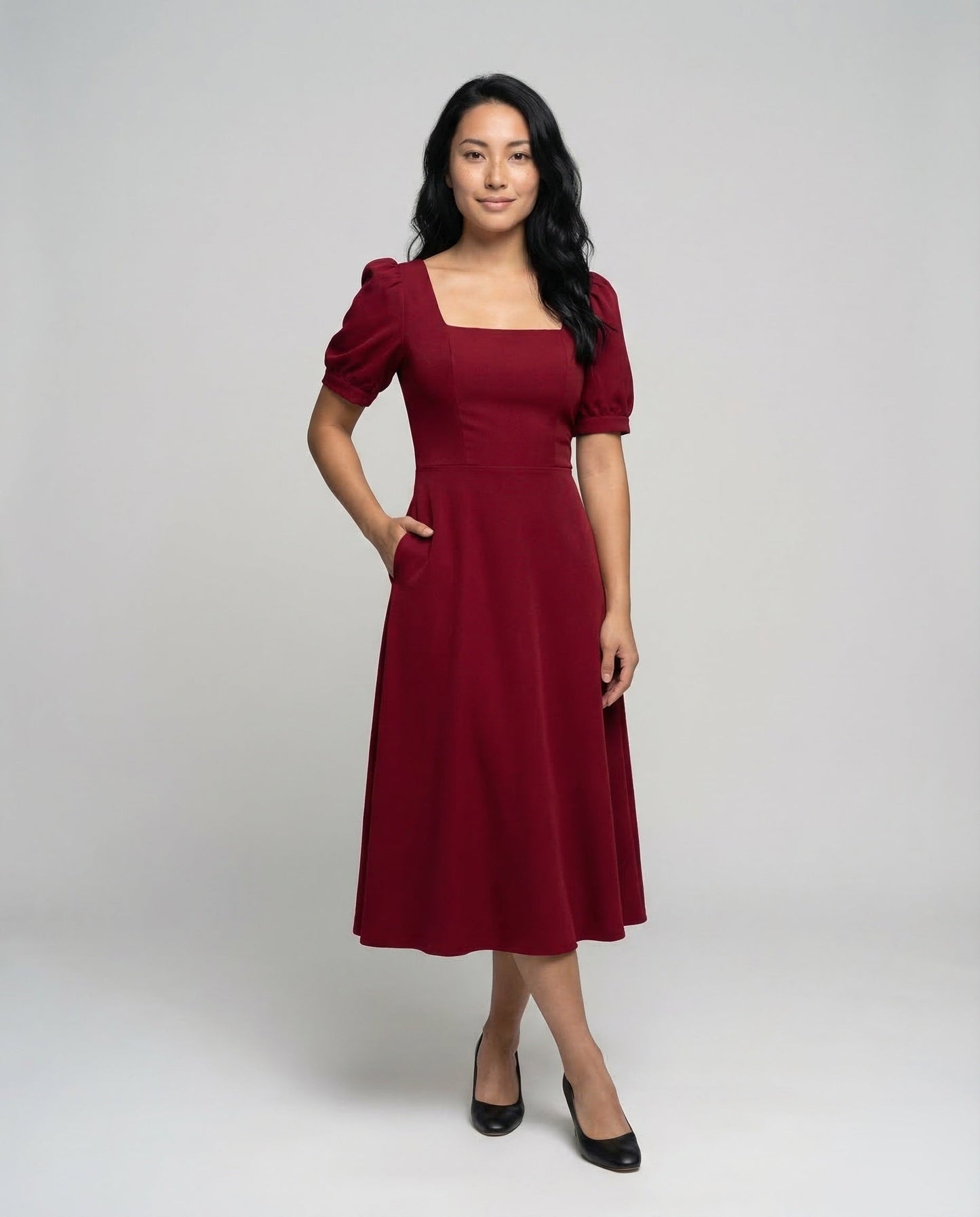 Damen Vintage Midikleid Puffärmel - Eveloria