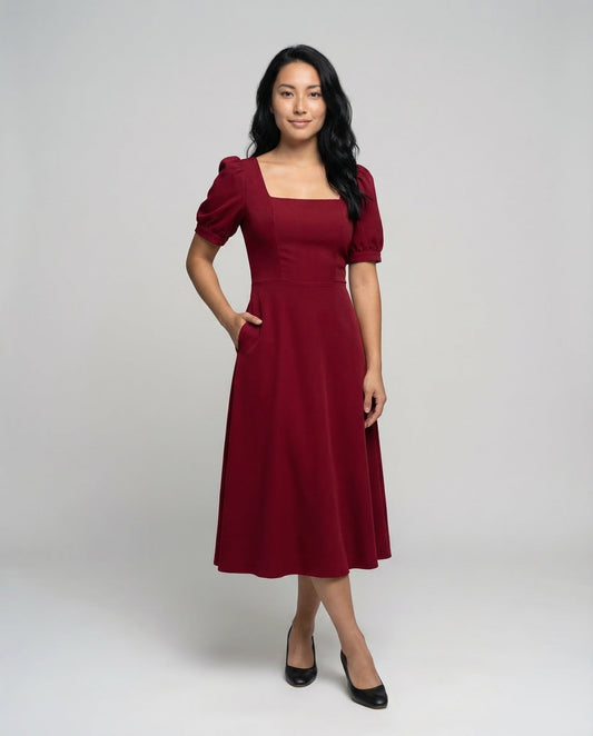 Damen Vintage Midikleid Puffärmel - Eveloria