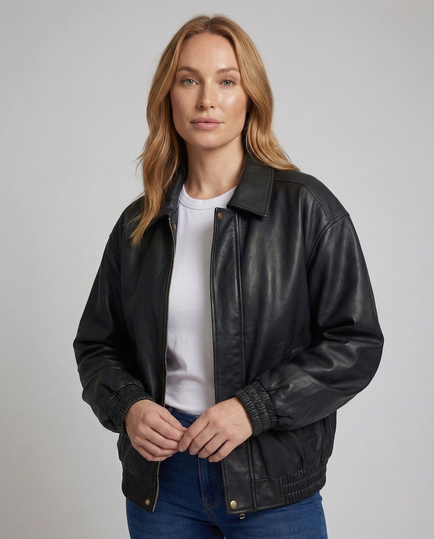 Damen Kunstlederjacke Hemdkragen schwarzes Leder - Eveloria