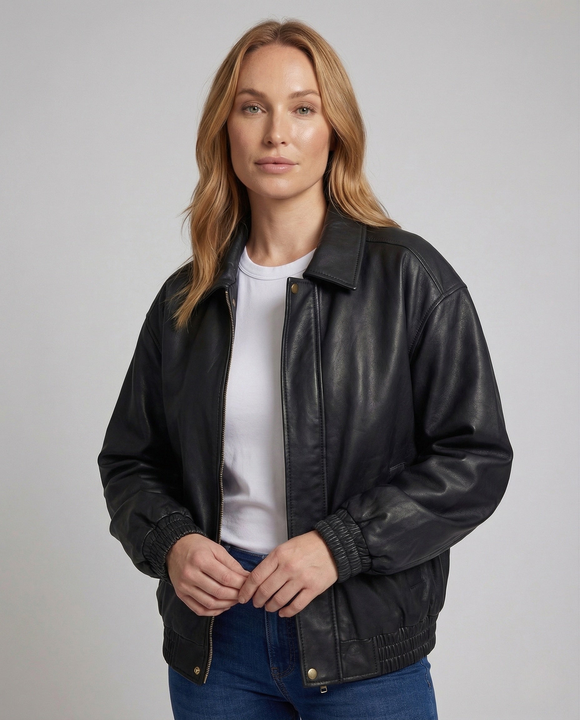 Damen Kunstlederjacke Hemdkragen schwarzes Leder - Eveloria