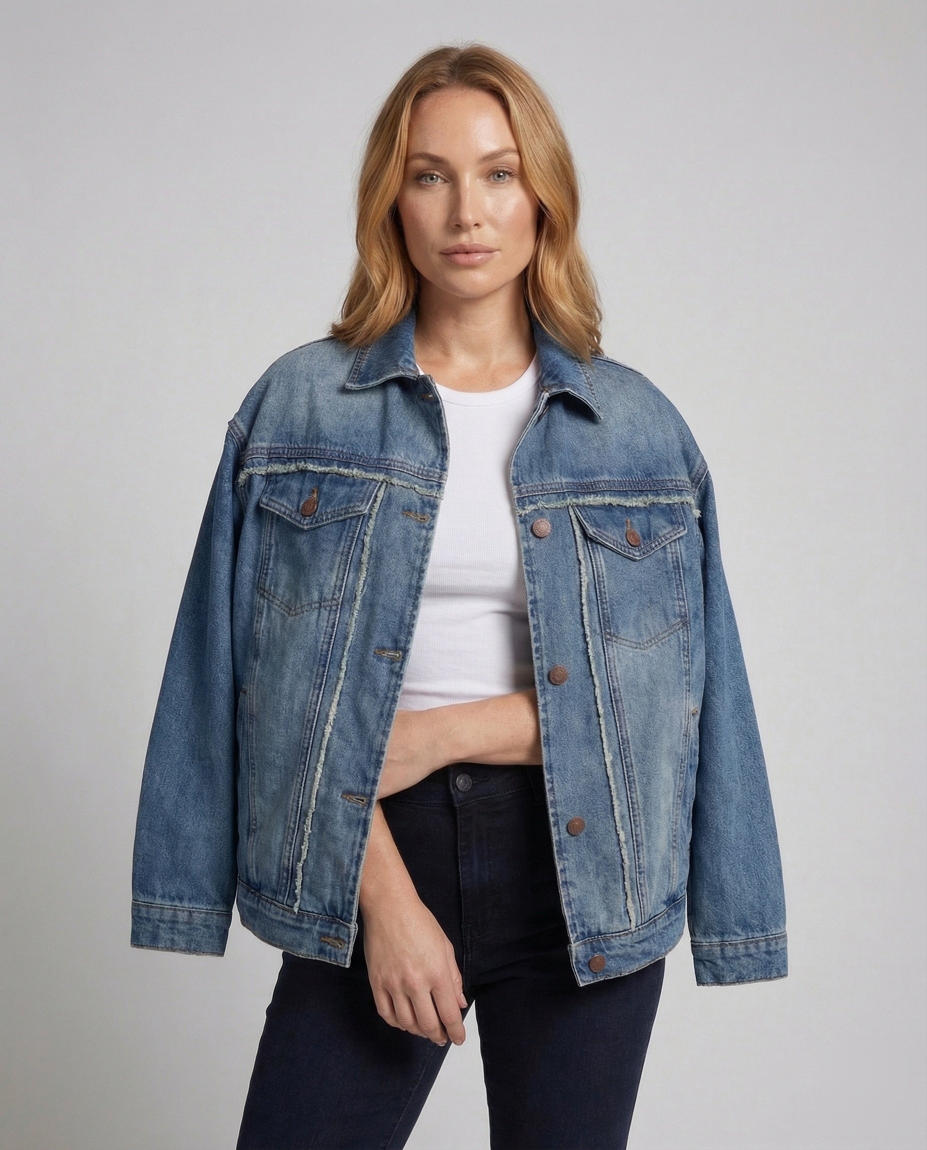 Damen Jeansjacke Weit Mit Fransen Blau - Eveloria