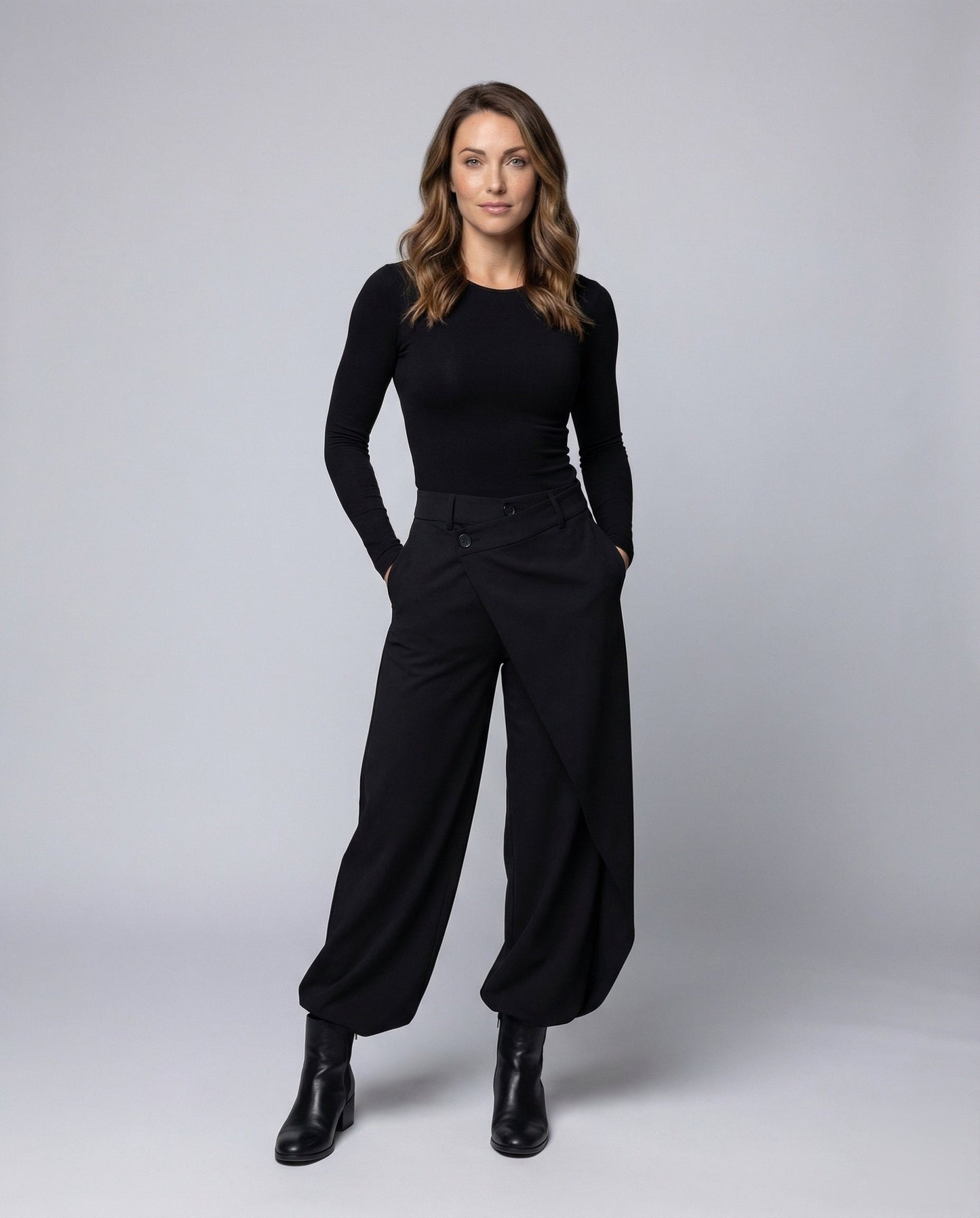 Damen Wickelhose High Waist Weite Bein Schwarz - Eveloria