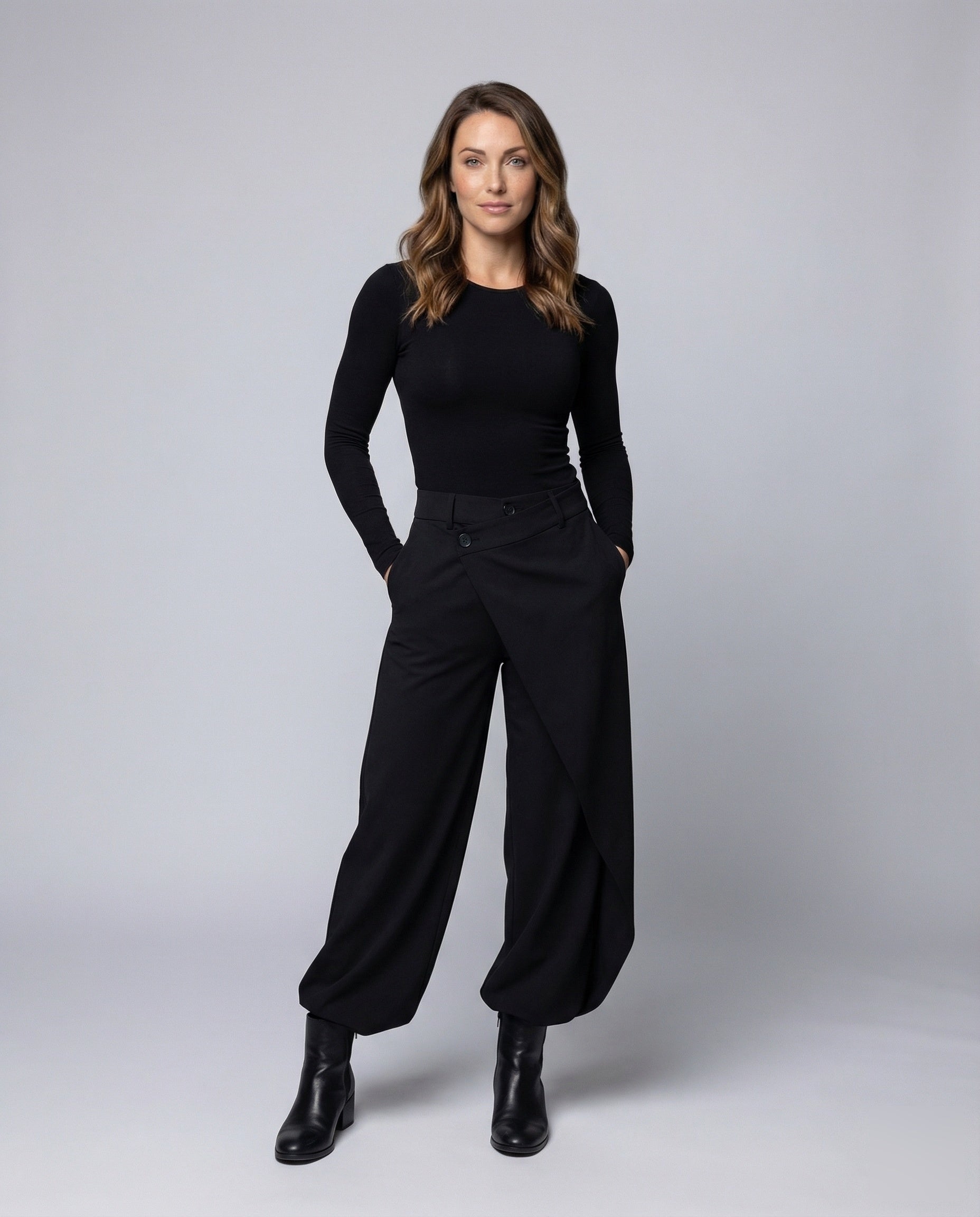 Damen Wickelhose High Waist Weite Bein Schwarz - Eveloria