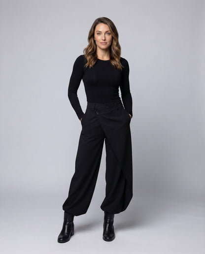 Damen Wickelhose High Waist Weite Bein Schwarz - Eveloria