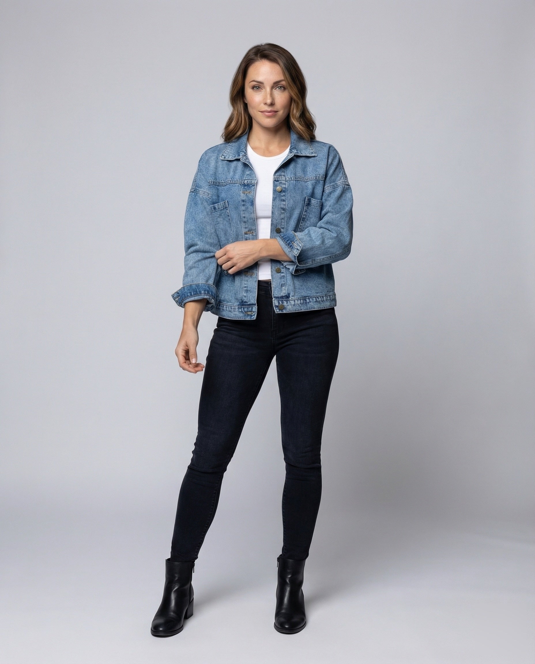 Damen Oversize Denimjacke Cropped Baumwolle Blau - Eveloria