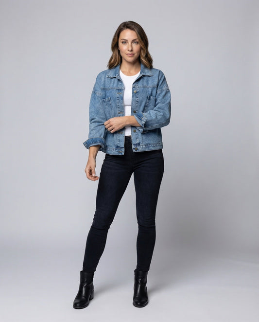 Damen Oversize Denimjacke Cropped Baumwolle Blau - Eveloria