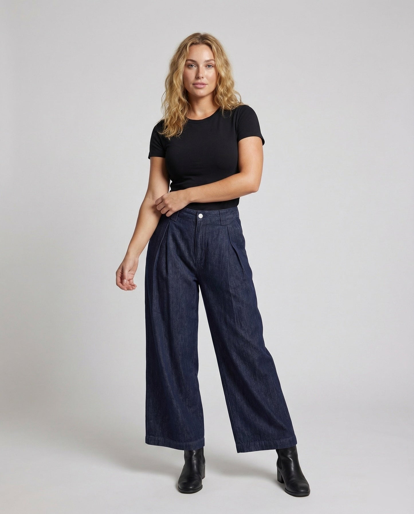 Damen Jeans Weit Bein Bundfalten Blau - Eveloria