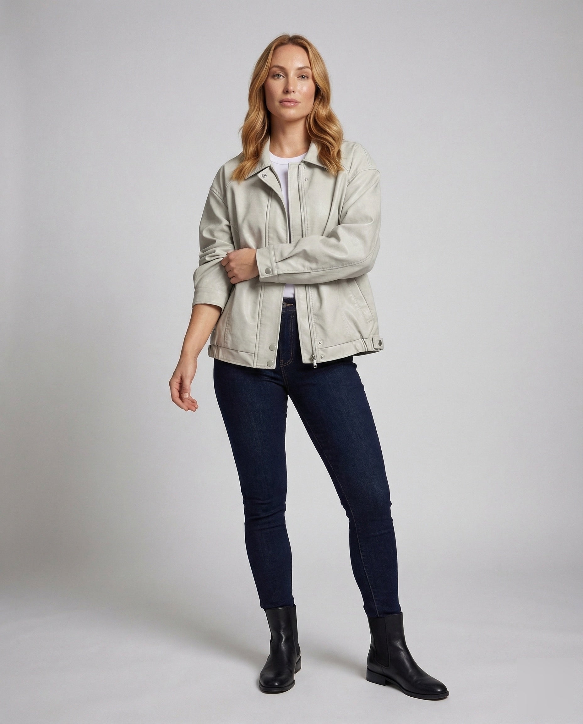 Damen Lederjacke Locker Hemdkragen Leder Schwarz - Eveloria