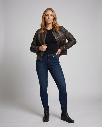 Damen Lederblouson Bomberjacke Kurz - Eveloria