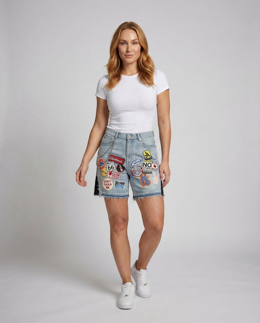 Damen High-Waist-Jeansshorts Patchwork - Eveloria
