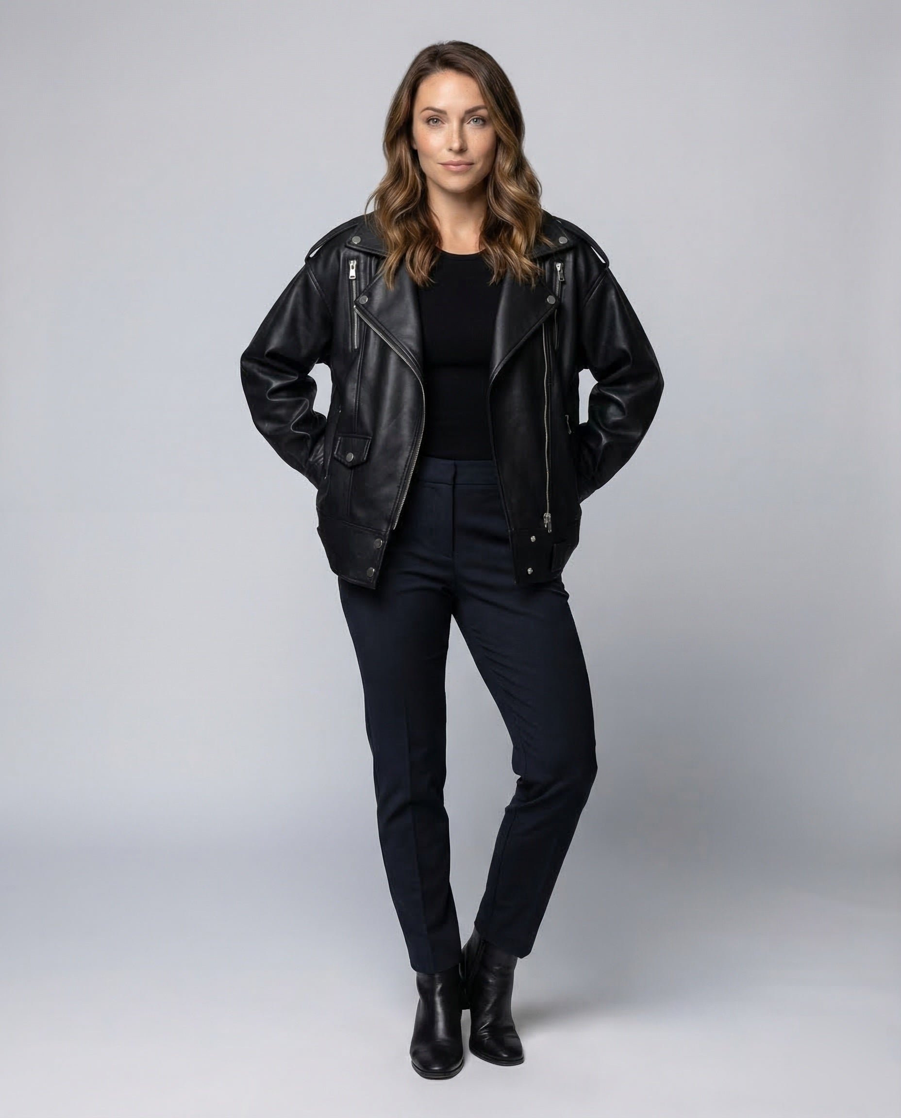Damen Bikerjacke Kunstleder Schwarz Weit - Eveloria