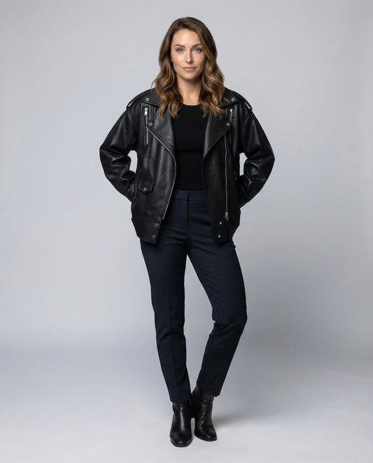 Damen Bikerjacke Kunstleder Schwarz Weit - Eveloria