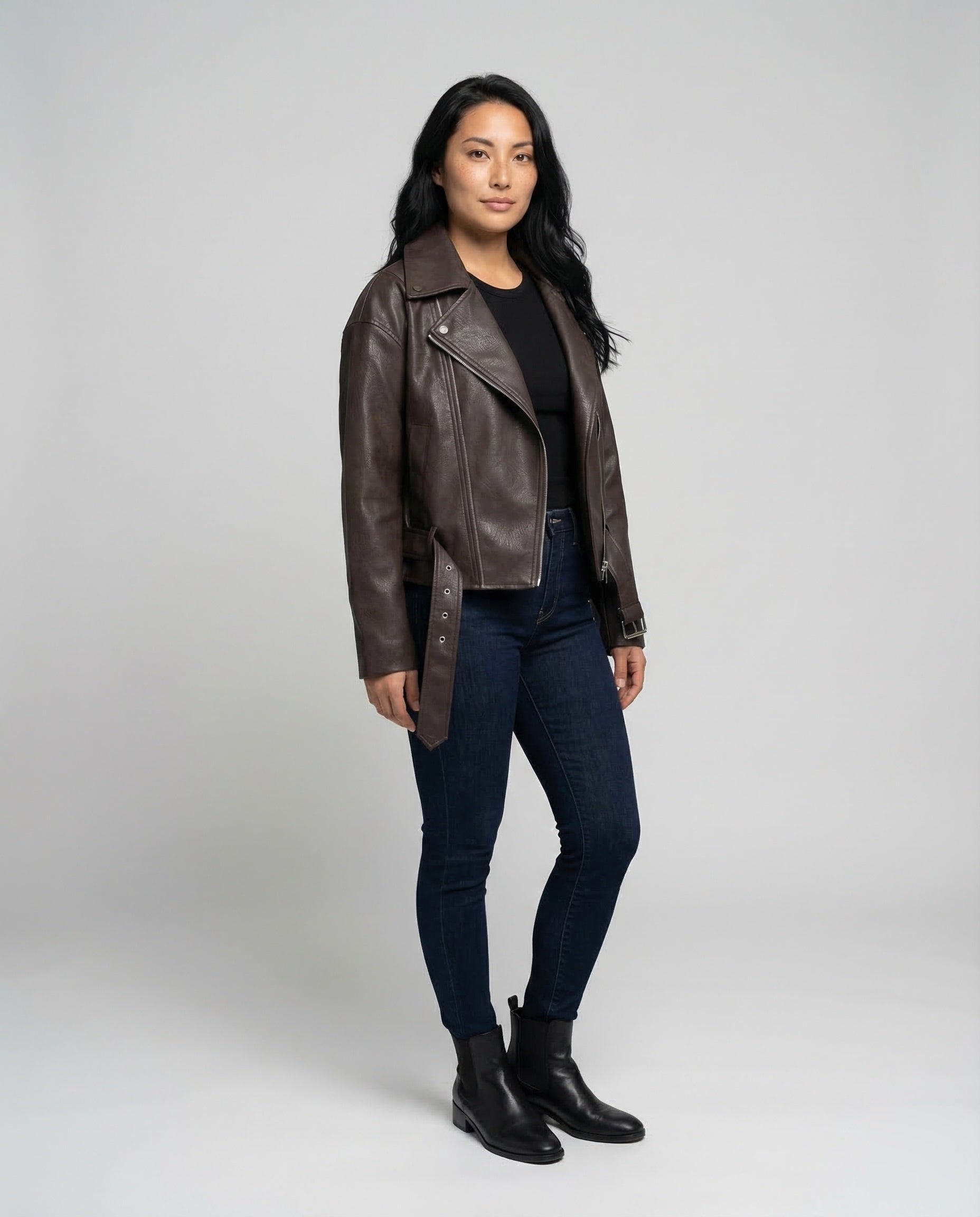 Damen Lederjacke Asymmetrisch Mit Gürtel - Eveloria