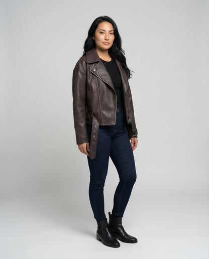 Damen Lederjacke Asymmetrisch Mit Gürtel - Eveloria