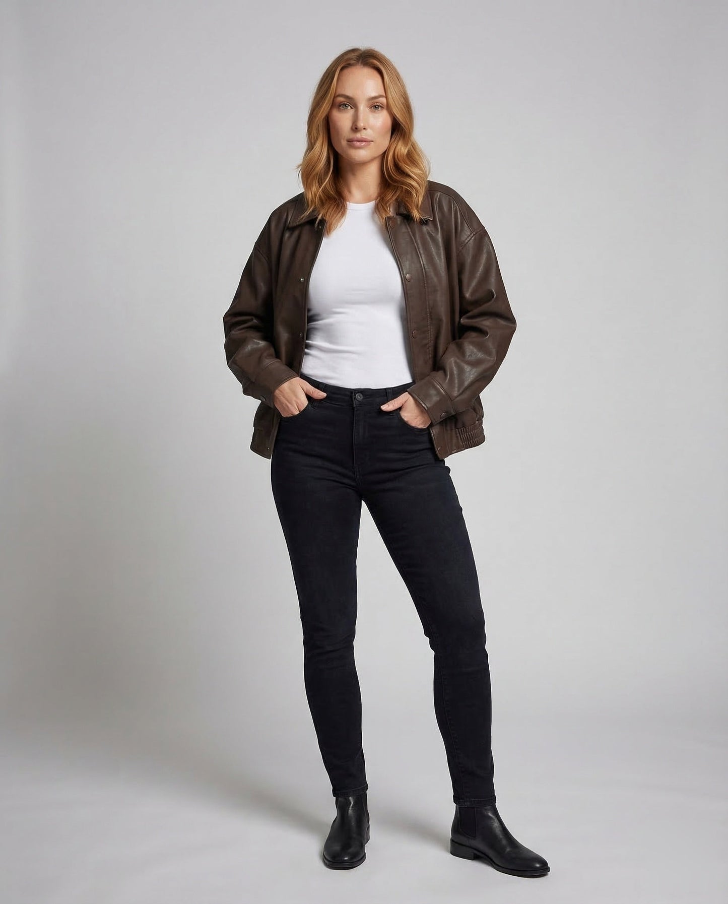 Damen Kunstlederjacke Boxy Revers schwarz - Eveloria