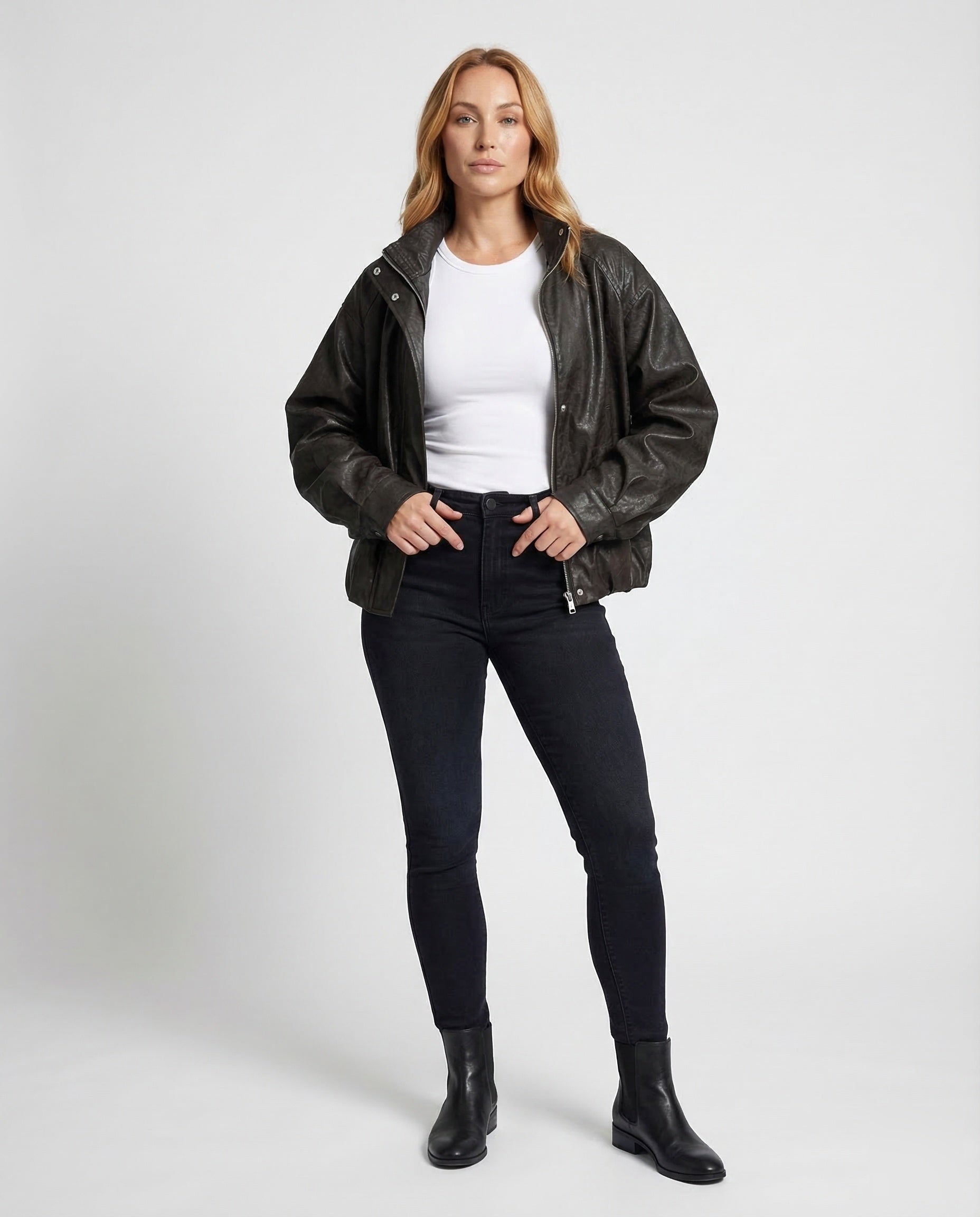 Damen Lederjacke Blouson Ballonärmel Leder Schwarz - Eveloria