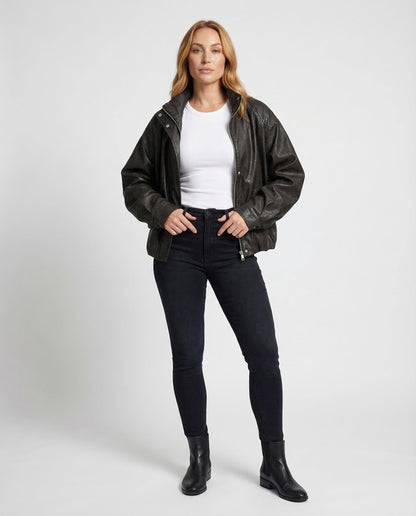 Damen Lederjacke Blouson Ballonärmel Leder Schwarz - Eveloria