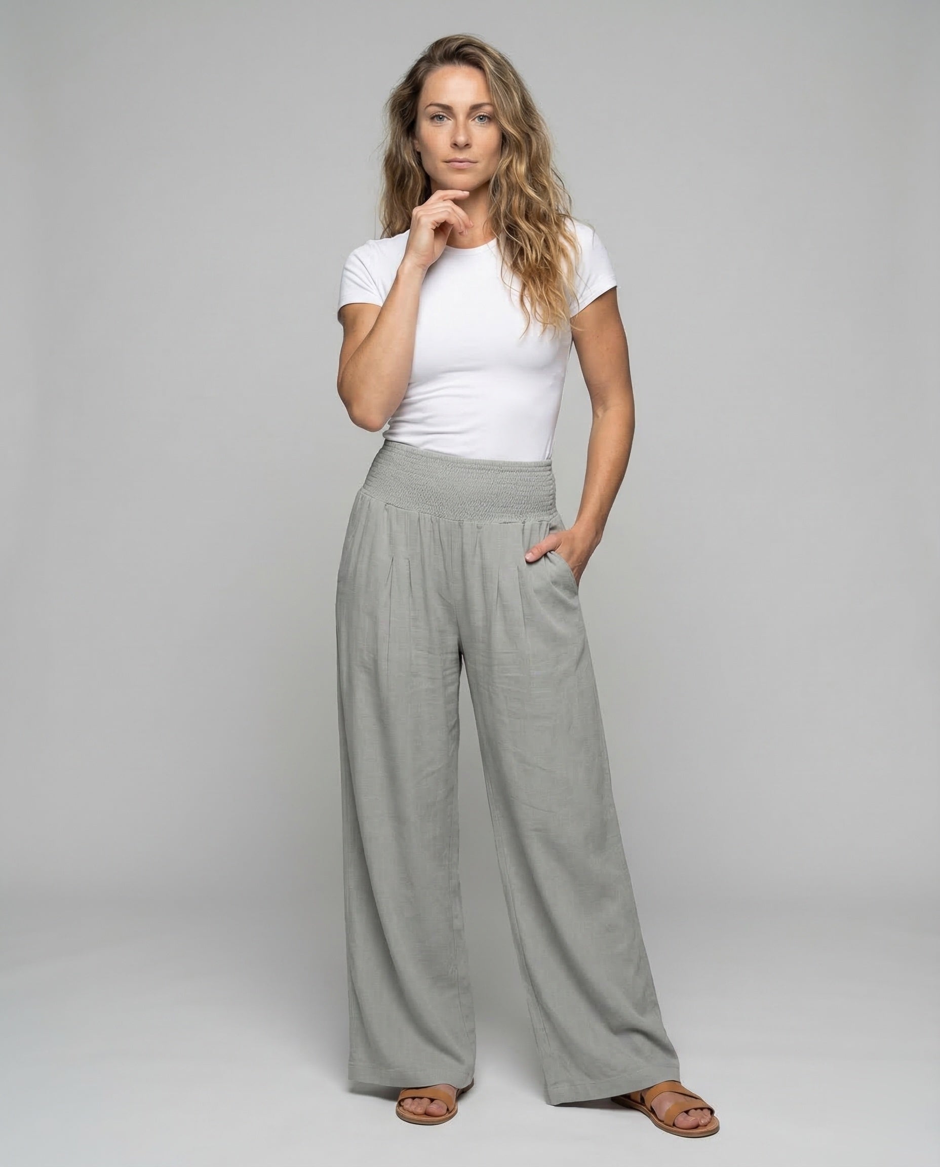 Damen Leinenhose Palazzo Smokbund Beige - Eveloria