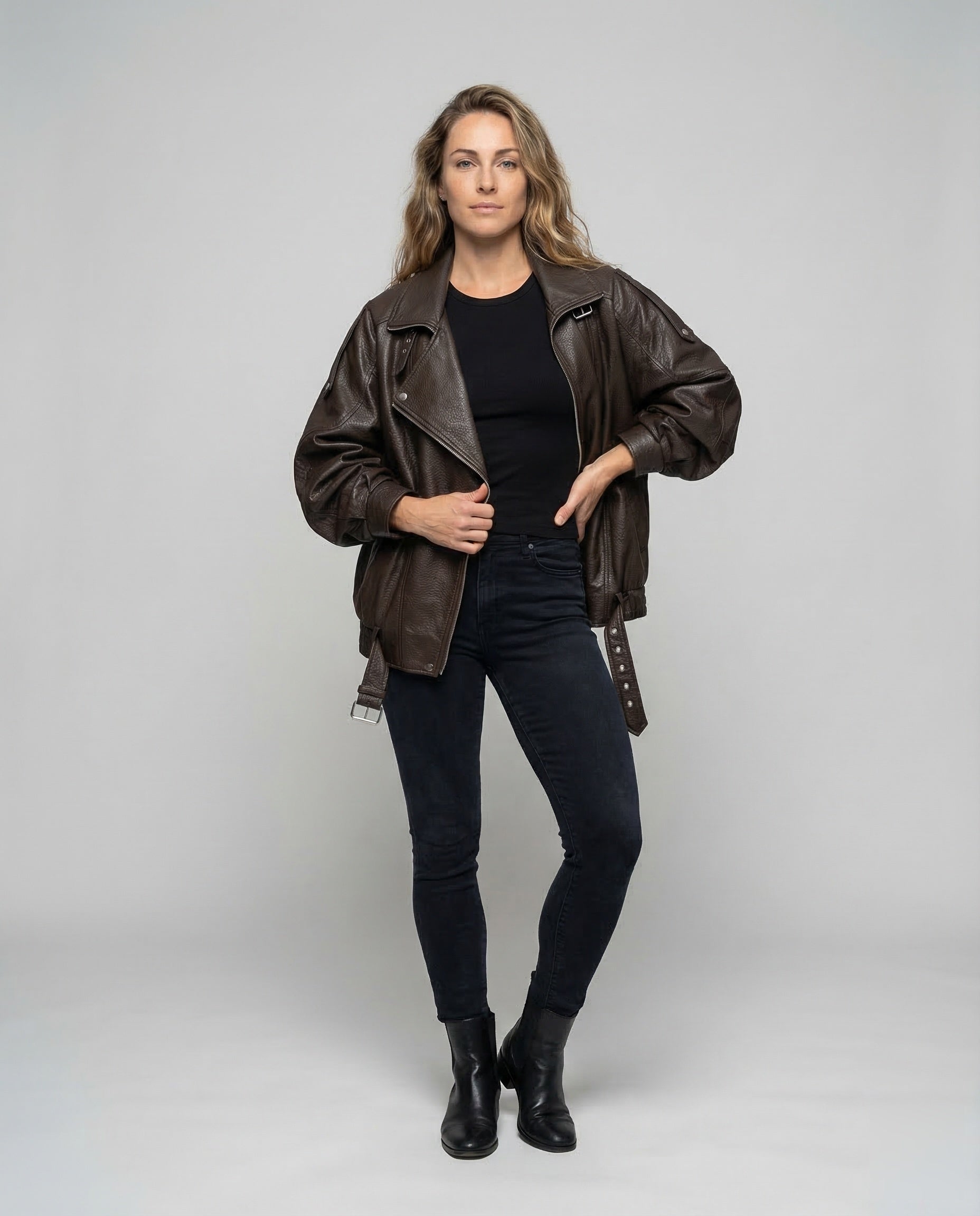 Damen Bikerjacke Oversize Kunstleder Schwarz - Eveloria